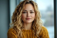 Young blonde woman with curly hair wearing mustard yellow knit sweater smiling warmly in modern office setting with natural lighting for lifestyle content.