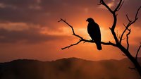 Eagle silhouette perched on bare branch at sunset, dramatic orange sky with mountains in background. Wildlife and nature photography for editorial and design use.