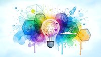 Creative lightbulb with colorful watercolor splash and geometric shapes representing innovation, brainstorming and bright ideas for business concepts.