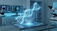 Futuristic DNA double helix hologram projection emerging from digital tablet in modern laboratory with microscope and medical research equipment.