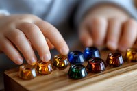 Child's hand reaching for colorful coffee capsules arranged in wooden holder, showing curiosity and exploration in everyday household objects. Close up macro shot.