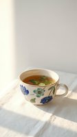 Ceramic teacup with blue floral pattern filled with hot herbal tea and fresh mint leaves, placed on white linen surface in natural sunlight.