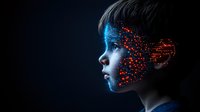 Young caucasian boy profile with glowing blue digital particles dissolving from face on dark background, representing artificial intelligence and machine learning technology.