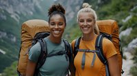 Two diverse female hikers with backpacks smiling outdoors in mountain landscape, wearing colorful activewear and carrying camping gear for wilderness adventure.