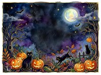 Spooky nighttime scene with glowing jack-o-lanterns, black cats, flying bats, bare branches, full moon, stars, and hanging lanterns against dark purple sky. Halloween celebration.