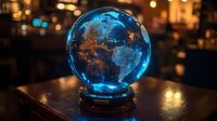 Glowing crystal globe showing world map illuminated in blue light against dark background with bokeh lights, sitting on wooden surface. Mystical atmosphere.