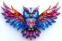 Colorful owl with spread wings in vibrant blue, pink and red feathers on light background, stylized fantasy bird art with detailed plumage pattern.