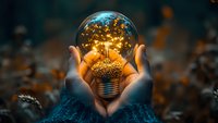 Glowing light bulb held in hands against moody dark background, magical sparkles and bokeh lights create mystical atmosphere. Creative conceptual photography.