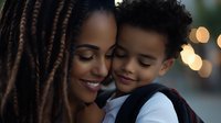 Young African American mother and son share tender moment outdoors at dusk, both smiling with eyes closed against soft bokeh lights background.
