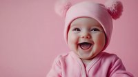Happy baby wearing pink hat with pom poms and matching outfit laughing joyfully against pink background, perfect for parenting blogs and childcare content.