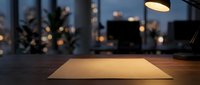Empty wooden table surface with blurred office interior and city skyline at dusk, suitable for product placement and corporate presentations.