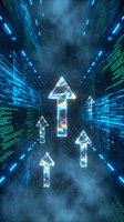 Glowing neon arrow symbols with digital data streams and code flowing through futuristic tunnel environment for technology and growth concepts.
