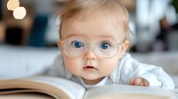 Caucasian baby boy with blonde hair and blue eyes wearing round eyeglasses, looking at open book with curious expression in bright indoor setting.