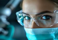 Female medical professional wearing protective safety glasses and surgical mask in laboratory setting, intense close-up of eyes with teal lighting atmosphere.