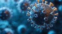 Microscopic view of coronavirus cell structure in blue tones showing spike proteins and viral membrane, scientific visualization for medical education and research.