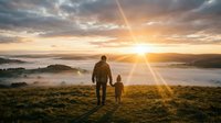 Adult male and young child standing together on hillside overlooking misty valley at sunrise, golden sunlight breaking through clouds, scenic landscape with water and forested islands below.