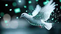 White dove flying through magical turquoise light particles and bokeh effects on dark background, symbolizing peace, hope and spiritual freedom.