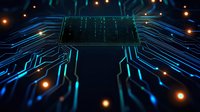 Glowing blue circuit board paths lead to central processor chip against dark background with orange light effects. Modern technology concept for computing and AI.