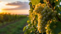 Golden ripe grapes hanging on vine in vineyard at sunset with warm light illuminating fruit and leaves against blurred agricultural landscape background.
