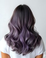 Trendy purple and silver balayage hair color on wavy medium length hairstyle shown from behind, demonstrating modern hair coloring technique and styling.