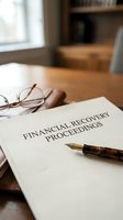 Financial recovery proceedings document with fountain pen and glasses on wooden desk for legal and bankruptcy consultation services.