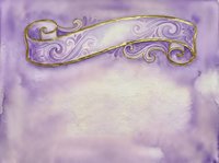 Ornate purple and gold decorative banner with swirling flourishes on watercolor background, suitable for invitations, greeting cards, and design projects.