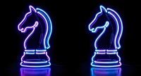 Glowing neon chess knight pieces in purple and blue colors on black background for gaming and strategy concepts.