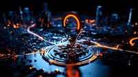 Glowing orange location pin marker above futuristic digital city map with illuminated streets and circular pattern, dark blue technology background.
