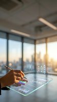 Businessman using futuristic transparent tablet with holographic AI data charts in modern office, city skyline at sunset in background.