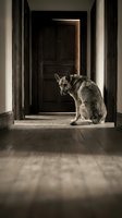 Lonely dog sitting in doorway of dark house, looking back with sad expression, waiting for owner. Suitable for pet loss, abandonment, loneliness themes.