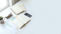 Clean white desk workspace with business documents, charts, pens and small plant creating organized office environment for productivity and planning.