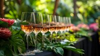 Elegant row of rose wine glasses in garden setting with lush greenery and pink flowers creating romantic summer party atmosphere. Perfect for wine tasting events.