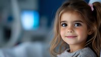 Young girl with bright blue eyes and gentle smile wearing gray sweater against blurred medical office background, expressing confidence and trust in healthcare.