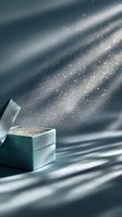 Open gift box with magical sparkling dust against dark teal background with dramatic light rays creating atmospheric mood for luxury presentations.