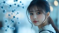 Young Asian woman with gentle expression in white sweater against blurred blue molecular structure background, soft ethereal lighting creates scientific atmosphere.