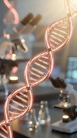Glowing DNA helix model with neon pink illumination in laboratory setting, featuring blurred scientific equipment and microscopes in background for genetic research and biotechnology concepts.