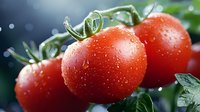 Fresh ripe tomatoes on vine with water drops, green leaves and dark background, macro shot showing natural texture and vibrant red color.