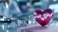 Pink crystal heart with glowing heartbeat line and medical stethoscope on blue background, healthcare and cardiology concept for medical presentations.
