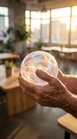 Senior male hands holding glowing plasma ball with energy inside, modern office workspace with plants and windows in background, concept for innovation and technology.