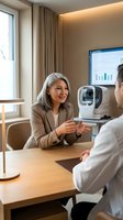 Mature Hispanic businesswoman consulting with male doctor in modern medical office with advanced diagnostic equipment for healthcare technology solutions.