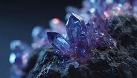 Vibrant purple and blue crystal formation growing on dark rock surface, showcasing natural mineral structure with glowing translucent facets in dramatic lighting.
