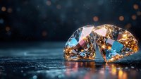 Sparkling diamonds with golden and blue reflections on dark wet surface with bokeh lights in background, luxury jewelry concept for advertising.