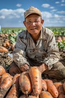 Senior Asian farmer harvesting fresh organic carrots in field on sunny day. Authentic agricultural portrait showing sustainable farming and local food production in rural setting.