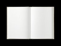 Open blank book with gray spine and white pages, isolated on transparent background. Ready for design use on t-shirts, clipart, stickers, print-on-demand products, and sublimation projects.