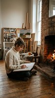 Young female artist sketching in cozy art studio with fireplace, easel and painting supplies creating warm creative workspace atmosphere.