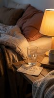 Cozy bedroom nightstand with a handwritten note saying Can we talk I'm sorry, a glass of water, and warm lamp light creating an emotional atmosphere.
