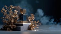 Luxury perfume bottle on marble pedestal surrounded by golden dried flowers with smoky atmosphere for premium fragrance advertising.