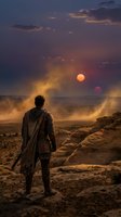 Lone warrior stands on alien desert planet watching binary sunset with dramatic dust storms and rocky terrain in science fiction landscape.