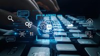 Artificial intelligence concept with digital brain network and AI agents icons on futuristic technology background for machine learning applications.