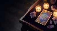 Mystical tarot card reading setup with burning candles, amethyst crystals and gemstones on wooden tray creating atmospheric fortune telling scene.